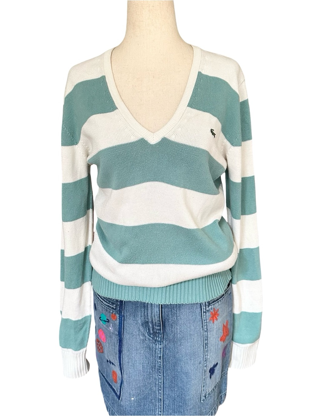 Vtg 80s Lacoste slightly weathered faded green cream striped sweater US 8 France